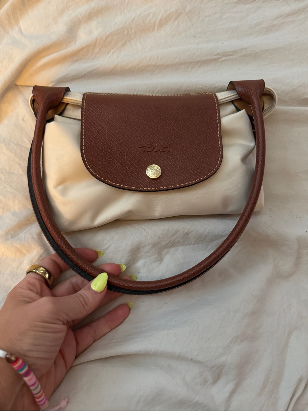 Longchamp Cream Tote with Brown Leather Trim - Picture 2 of 6